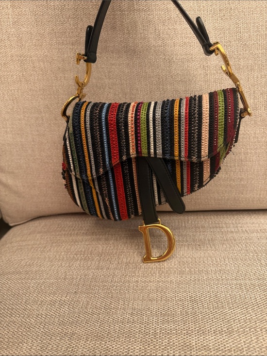 Dior Handbags - Dior Multicolor Striped Saddle Bag with Gold D Charm